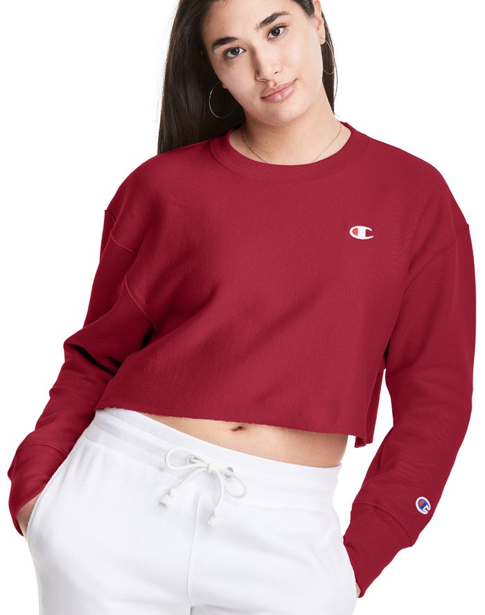 Champion Reverse Weave Cropped Cut-Off Crew Dark Red Sweatshirt Womens - South Africa YIQLOC347